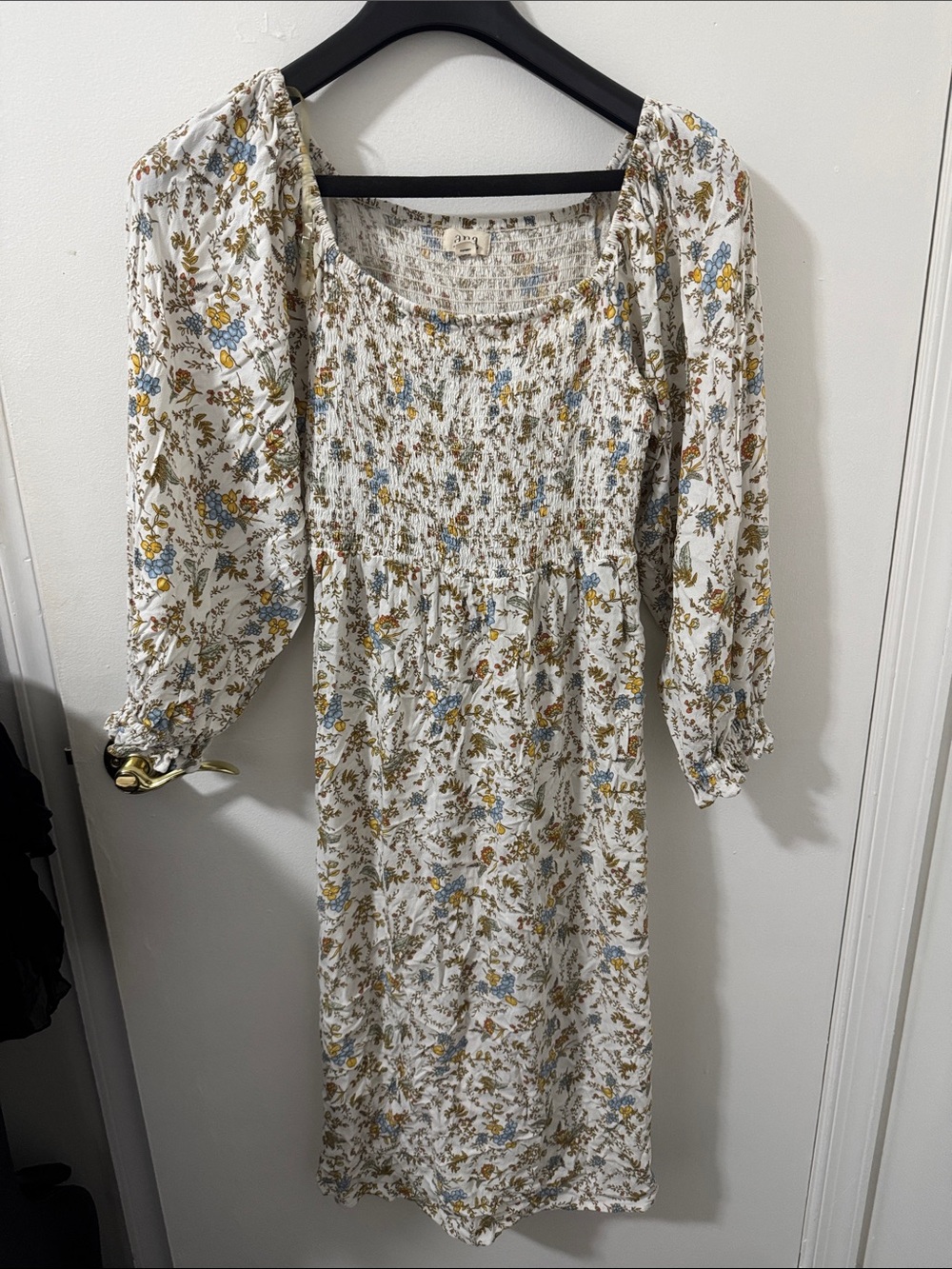 Ana Smocked Floral Midi Dress in White and Blue